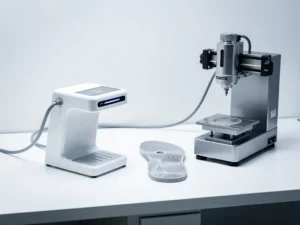 3D-voetscanner verbonden met CNC-freesmachine op klinisch werkstation, met een vers gefreesd orthopedisch inlegzool ertussen.