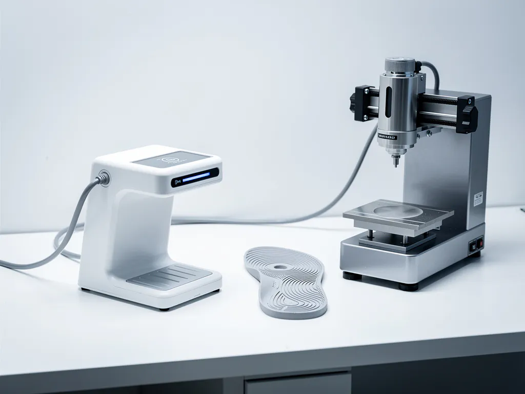 3D-voetscanner verbonden met CNC-freesmachine op klinisch werkstation, met een vers gefreesd orthopedisch inlegzool ertussen.