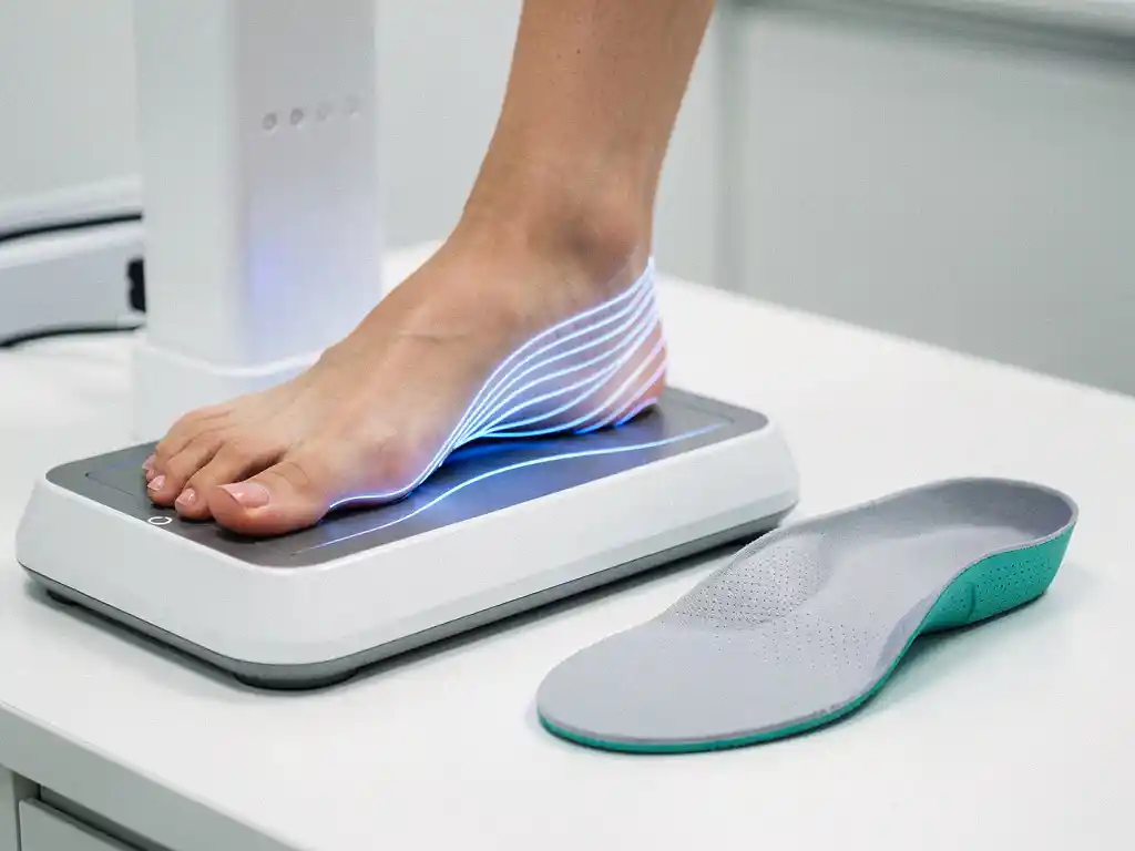 3D-voetscanner met blauwe laserstraal die de voetboog en hiel in kaart brengt, naast een orthopedische inlegzool op wit medisch oppervlak.