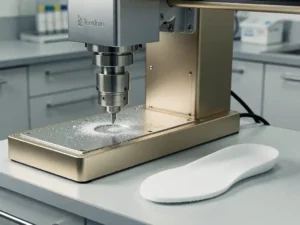 CNC-freesmachine voor orthopedische inlegzolen naast een vers gefreesd wit schuimen zoolblanco in een klinische werkruimte.