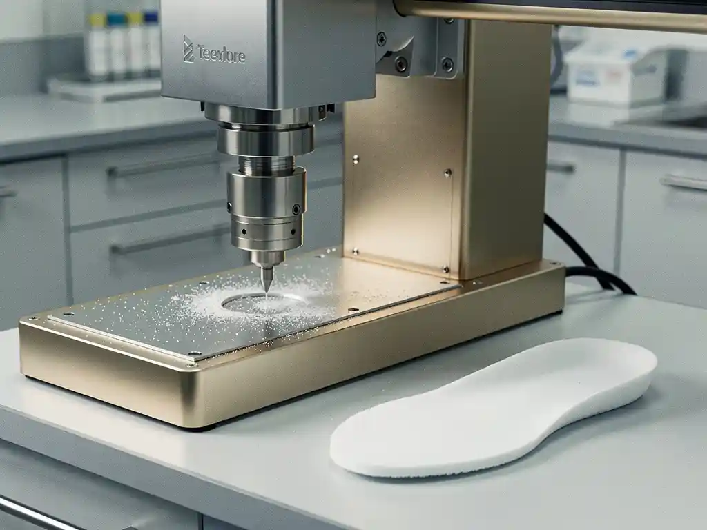 CNC-freesmachine voor orthopedische inlegzolen naast een vers gefreesd wit schuimen zoolblanco in een klinische werkruimte.