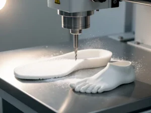 CNC-freesmachine snijdt orthopedische inlegzool uit wit EVA-schuim, met gipsmaquette op stalen werkbank.