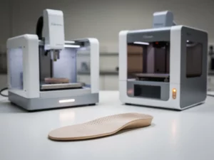 CNC-freesmachine en hars 3D-printer naast orthopedische inlegzool op witte werkbank in medische omgeving.