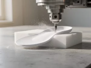 CNC-freesmachine snijdt een op maat gemaakt orthopedisch inlegzool uit wit EVA-schuimblok, fijn stof zweeft in de lucht.