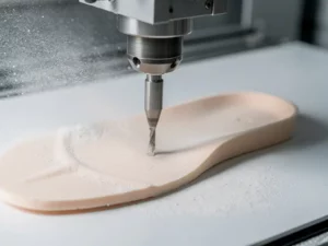 CNC-freesmachine snijdt een vleeskleurig orthopedisch inlegzool uit EVA-schuim, fijn wit stof zweeft in de lucht.