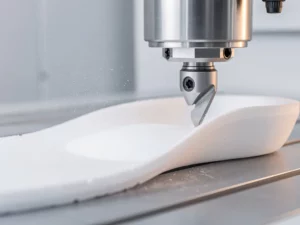 CNC-freesmachine snijdt een orthopedische inlegzool uit wit EVA-schuim, met fijnstofdeeltjes zichtbaar rond het roterend freesbit.