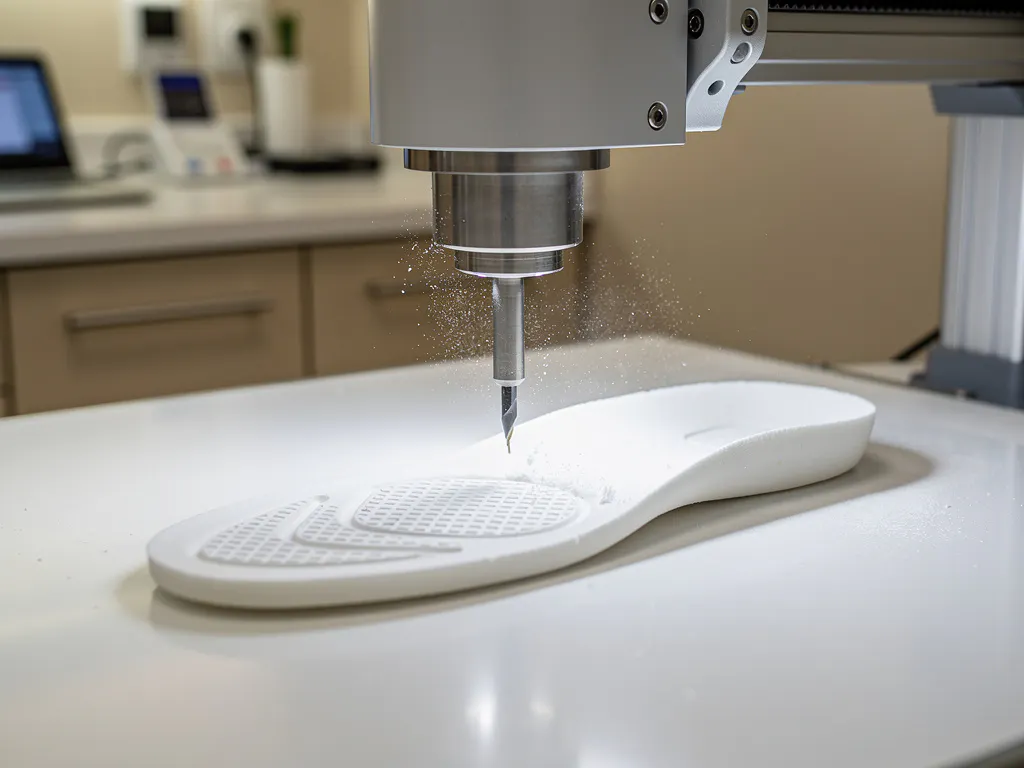CNC-freesmachine snijdt op maat gemaakt orthopedisch inlegzool uit wit EVA-schuim in een moderne podologiepraktijk.