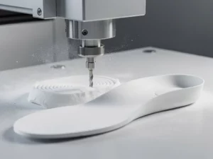 CNC-freesmachine snijdt op maat gemaakt orthopedisch inlegzool uit wit EVA-schuim, met fijn stof in de lucht.