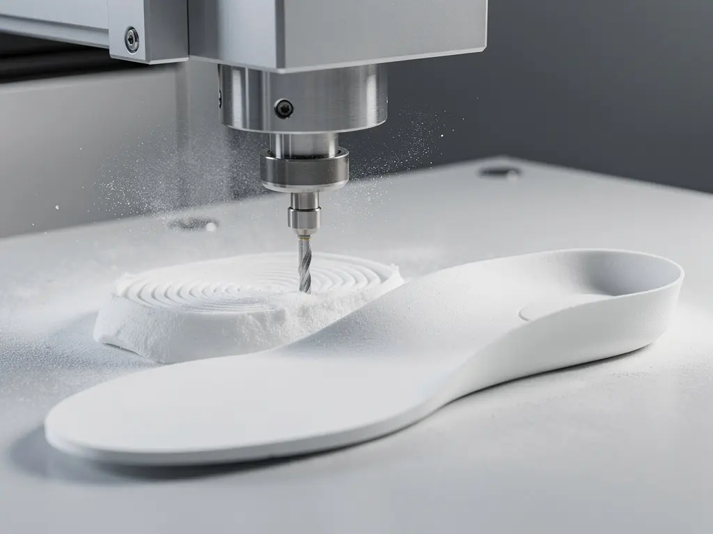 CNC-freesmachine snijdt op maat gemaakt orthopedisch inlegzool uit wit EVA-schuim, met fijn stof in de lucht.