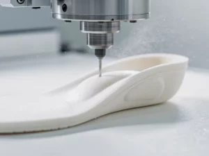 CNC-freesmachine snijdt orthopedische inlegzool uit wit EVA-schuim, met zichtbare anatomische voetboogcontouren en fijnstofdeeltjes in de lucht.