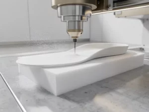CNC-freesmachine snijdt orthopedische inlegzool uit wit EVA-schuimblok, fijn stof zweeft in de lucht.