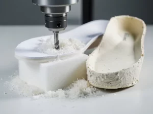 CNC-freesmachine snijdt orthopedische inlegzool uit wit schuimblok, naast een gipsen mal op klinisch werkoppervlak.