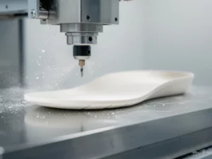 CNC-freesmachine snijdt een wit orthopedisch inlegzoolblank, met fijne stofdeeltjes zichtbaar in de lucht.