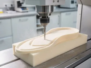 CNC-freesmachine snijdt op maat gemaakt orthopedisch inlegzool uit lichtbeige schuimmateriaal, fijn wit stof zichtbaar in de lucht.