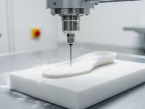 CNC-freesmachine snijdt op maat gemaakt orthopedisch inlegzool uit wit schuimblok, fijn stof zweeft in de lucht.