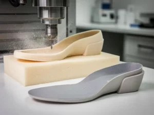 CNC-freesmachine die een orthopedische leest uit beige schuimblok snijdt, met fijn stof in de lucht en een afgewerkte inlegzool op witte ondergrond.