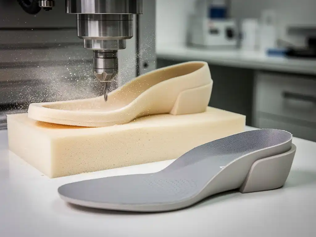 CNC-freesmachine die een orthopedische leest uit beige schuimblok snijdt, met fijn stof in de lucht en een afgewerkte inlegzool op witte ondergrond.