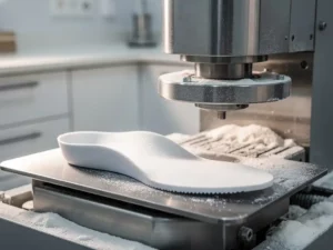 CNC-freesmachine voor orthopedische zolen met fijn wit schuimstof op metalen oppervlakken en een vers gefreesd op maat gemaakt inlegzool ernaast.