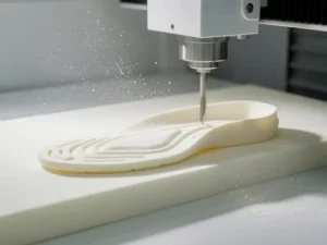 CNC-freesmachine snijdt orthopedische zool uit EVA-schuimblok, fijn wit stof zweeft in de lucht, klinische werkplaats.