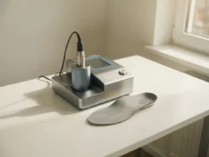 Podologische freesmachine op wit klinisch bureau naast een vers gefreesd orthopedisch inlegzool, minimalistisch medisch interieur.