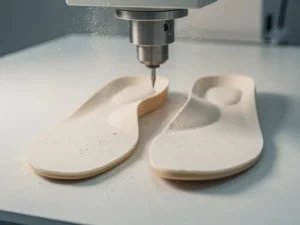 Freesmachine snijdt twee op maat gemaakte inlegzolen uit EVA-schuim: een dunne podologische orthese en een dikke functionele zool.