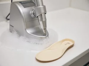 Podiatrische freesmachine op witte klinische werkbank met EVA-schuimstof en versgemalen orthopedische inlegzool ernaast.