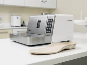 Tandtechnische freesmachine op witte klinische werktafel met precisiegefreesd orthopedisch inlegzool ernaast.