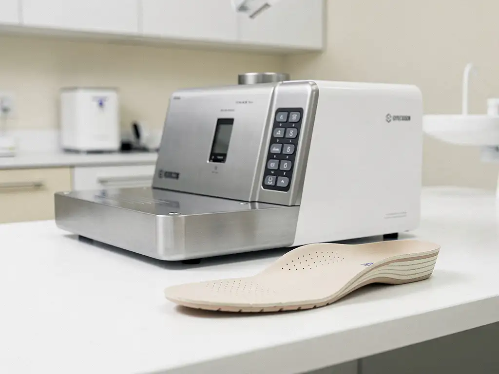 Tandtechnische freesmachine op witte klinische werktafel met precisiegefreesd orthopedisch inlegzool ernaast.