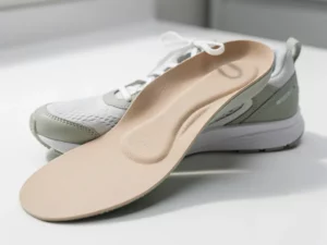 Aangepaste orthopedische inlegzool met voetboogafdruk in een open sportschoen op een witte ondergrond.