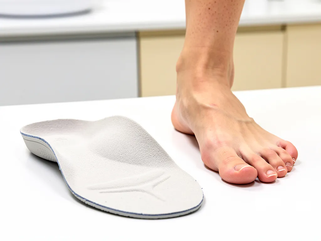 Orthopedische inlegzolen met zichtbare gewelfcontouren naast een blote voet op een wit klinisch oppervlak.