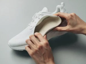 Orthopedische inlegzolen worden nauwkeurig in een witte sportschoen geplaatst, met zichtbare ondersteuning van de voetboog.