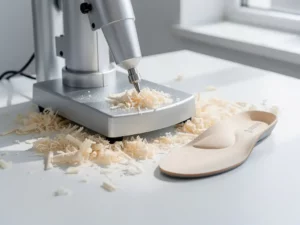 Podiatrie freesmachine op witte klinische tafel met verspaand schuimmateriaal en een precisie gefreesd orthopedisch inlegzool ernaast.