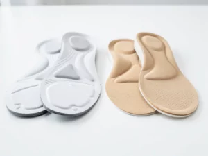 Sportinlegzool en zachte dagelijkse inlegzool naast elkaar op witte ondergrond, ergonomische contouren en materiaalverschillen zichtbaar.
