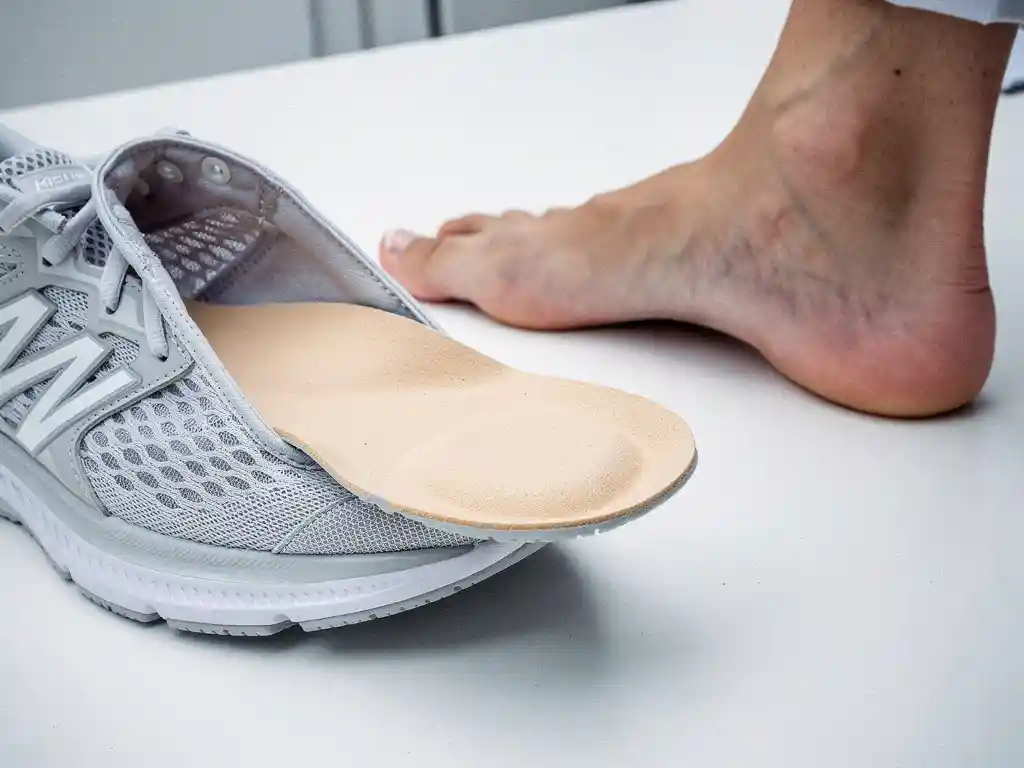Orthopedische inlegzool van beige materiaal in een open sportschoen, met een blote voet met zichtbare voetboogspanning op een witte ondergrond.