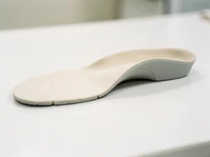 Anatomische inlegzool met gewelfde steunboog op wit klinisch oppervlak, ivoor en lichtgrijs met subtiele stoftextuur.