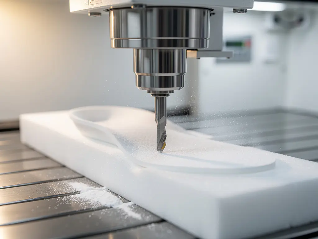 CNC-freesmachine snijdt op maat gemaakt orthopedisch inlegzool uit wit medisch schuimblok in moderne werkplaats.