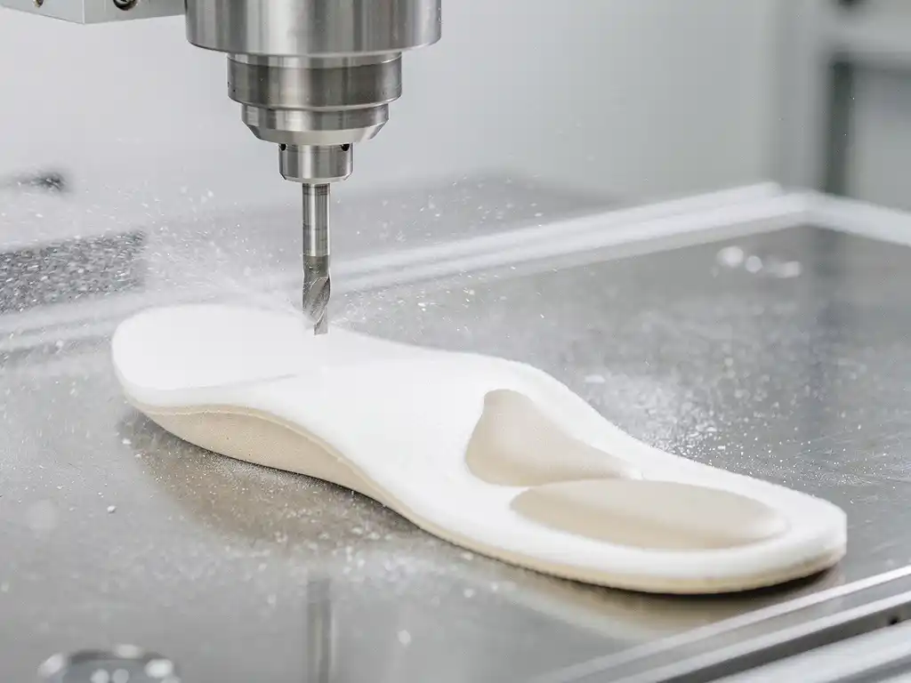 CNC-freesmachine bewerkt een wit EVA-schuim orthopedische inlegzool, met fijn stofdeeltjes en een gedeeltelijk afgewerkte zool op roestvrijstalen werkoppervlak.