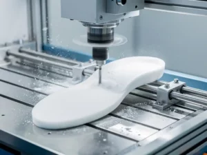 CNC-freesmachine snijdt orthopedische inlegzool uit wit EVA-schuim, met fijn stofwolk rond de roterende freeskop.