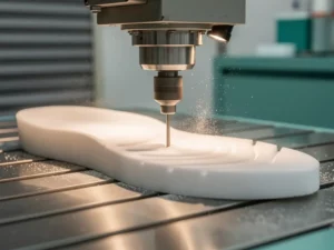 CNC-freesmachine snijdt op maat gemaakt orthopedisch inlegzool uit wit EVA-schuim, fijn stof zweeft in de lucht.