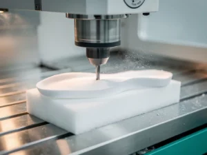 CNC-freesmachine snijdt op maat gemaakt orthopedisch inlegzool uit wit schuimblok, met fijn stof in klinisch licht.