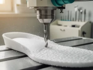 CNC-freesmachine snijdt een op maat gemaakt orthopedisch inlegzool uit wit medisch schuimmateriaal, met fijnstof in de lucht.