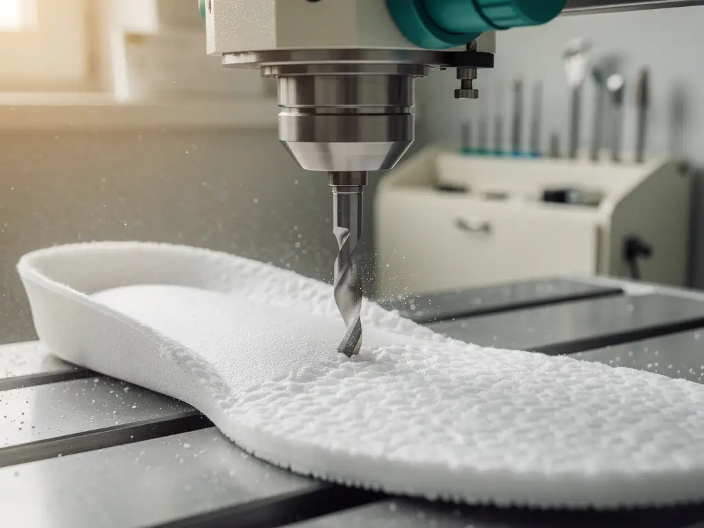 CNC-freesmachine snijdt een op maat gemaakt orthopedisch inlegzool uit wit medisch schuimmateriaal, met fijnstof in de lucht.