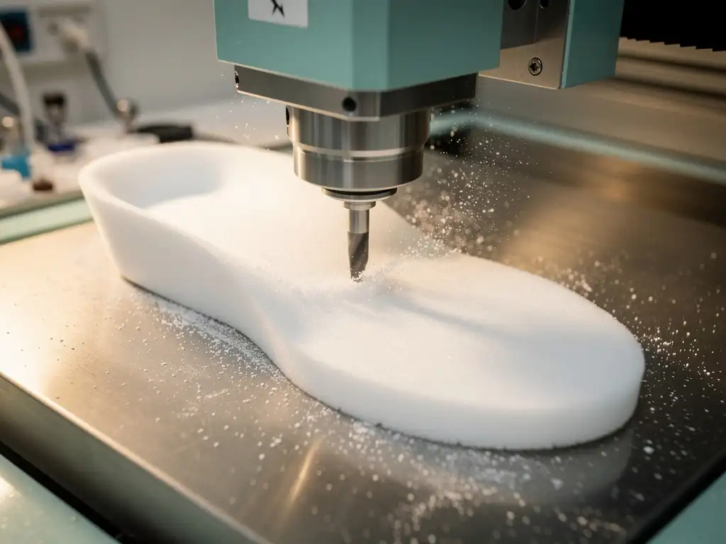 CNC-freesmachine snijdt op maat gemaakt orthopedisch inlegzool uit wit medisch schuimblok, fijn stof zweeft in de lucht.