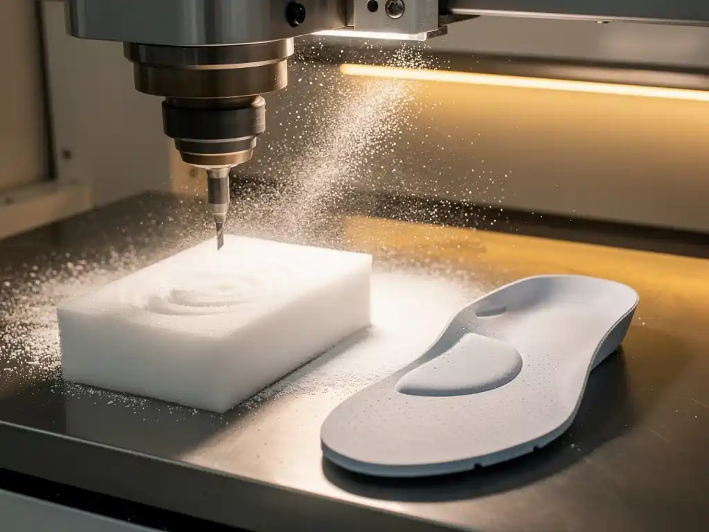 CNC-freesmachine snijdt op maat gemaakte orthopedische inlegzool uit medisch schuim, fijn wit stof zweeft in de lucht.