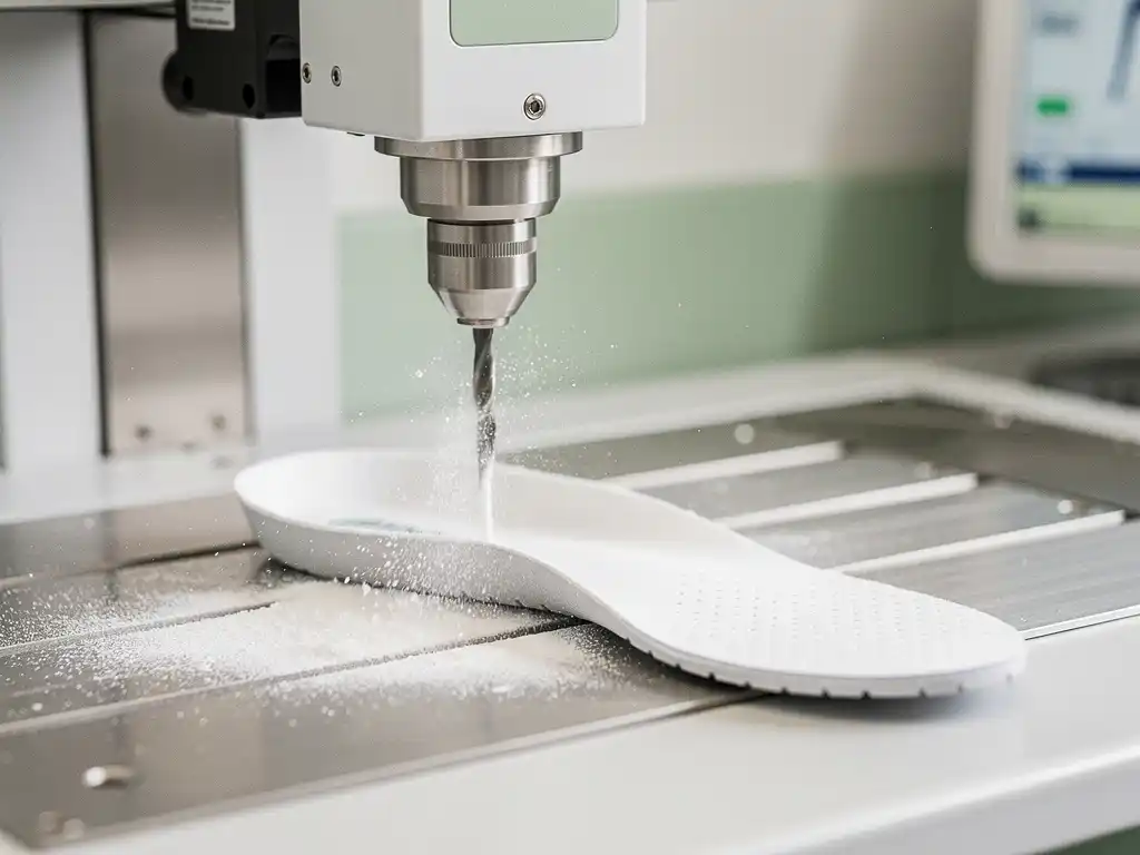 CNC-freesmachine snijdt nauwkeurig een witte orthopedische inlegzool, fijn schuimstof zweeft in de lucht, afgewerkte zool op klinische werkbank.