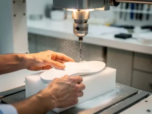 CNC-freesmachine snijdt precisie een witte orthopedische inlegzool, fijn stof zichtbaar in het licht, klinische werkplaatsomgeving.