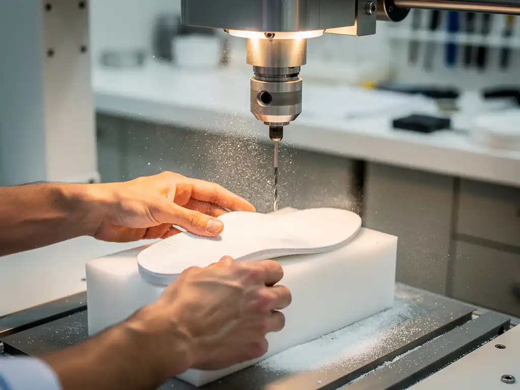 CNC-freesmachine snijdt precisie een witte orthopedische inlegzool, fijn stof zichtbaar in het licht, klinische werkplaatsomgeving.