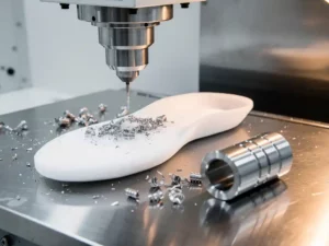 CNC-freesmachine snijdt orthopedische inlegzool uit wit schuimblok, met aluminium krullen en cilindrisch gedraaid onderdeel op stalen werkbank.