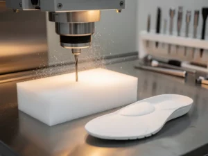 CNC-freesmachine snijdt orthopedische inlegzool uit schuimblok, fijn wit stof zweeft in de lucht, klinische werkplaats.