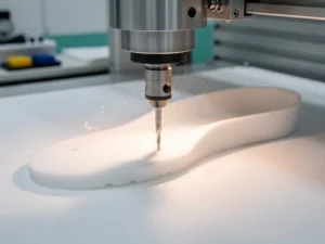 CNC-freesmachine snijdt een op maat gemaakt orthopedisch inlegzool uit wit schuimmateriaal, met fijn stof in de lucht.